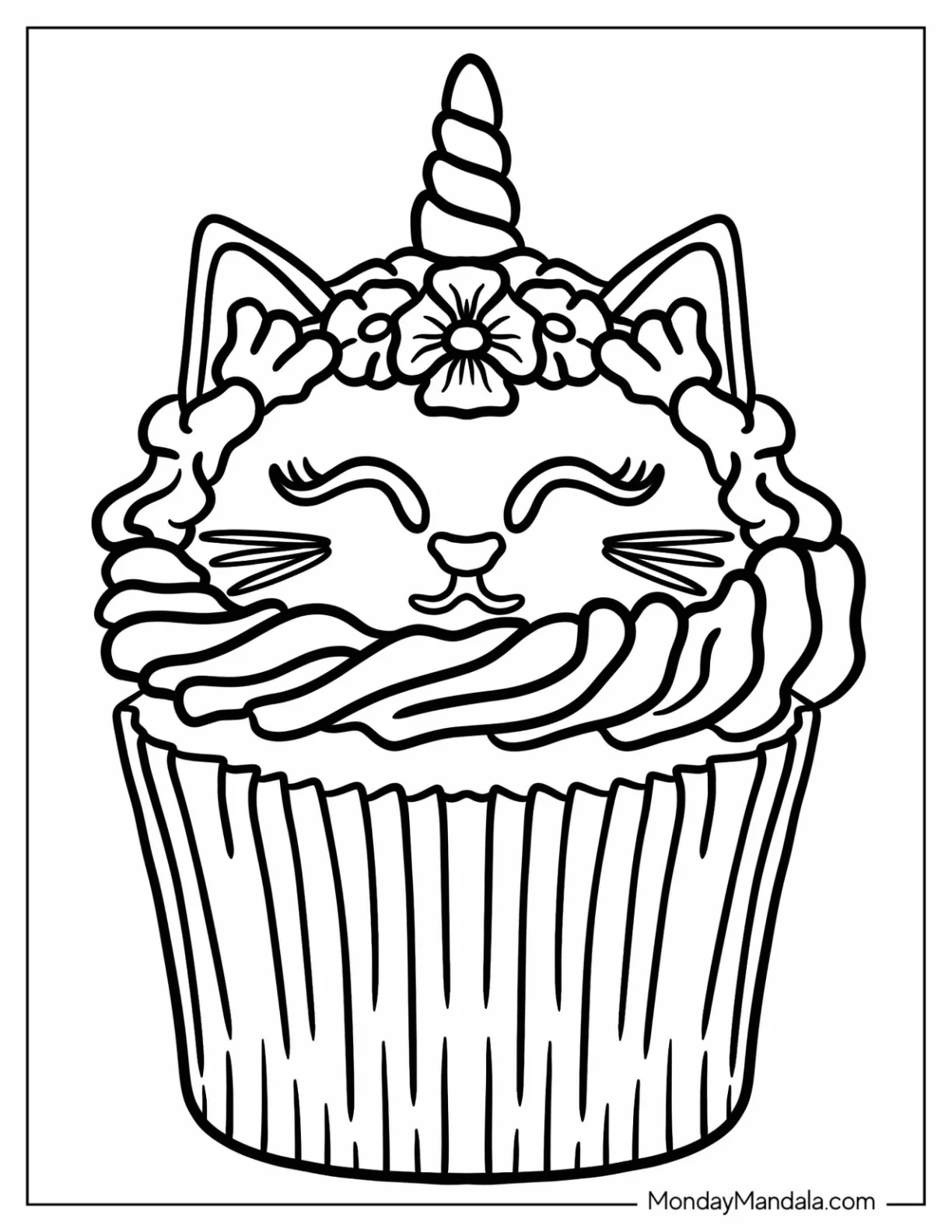 Unicorn Cat Coloring Page Cupcake For Kids coloring page