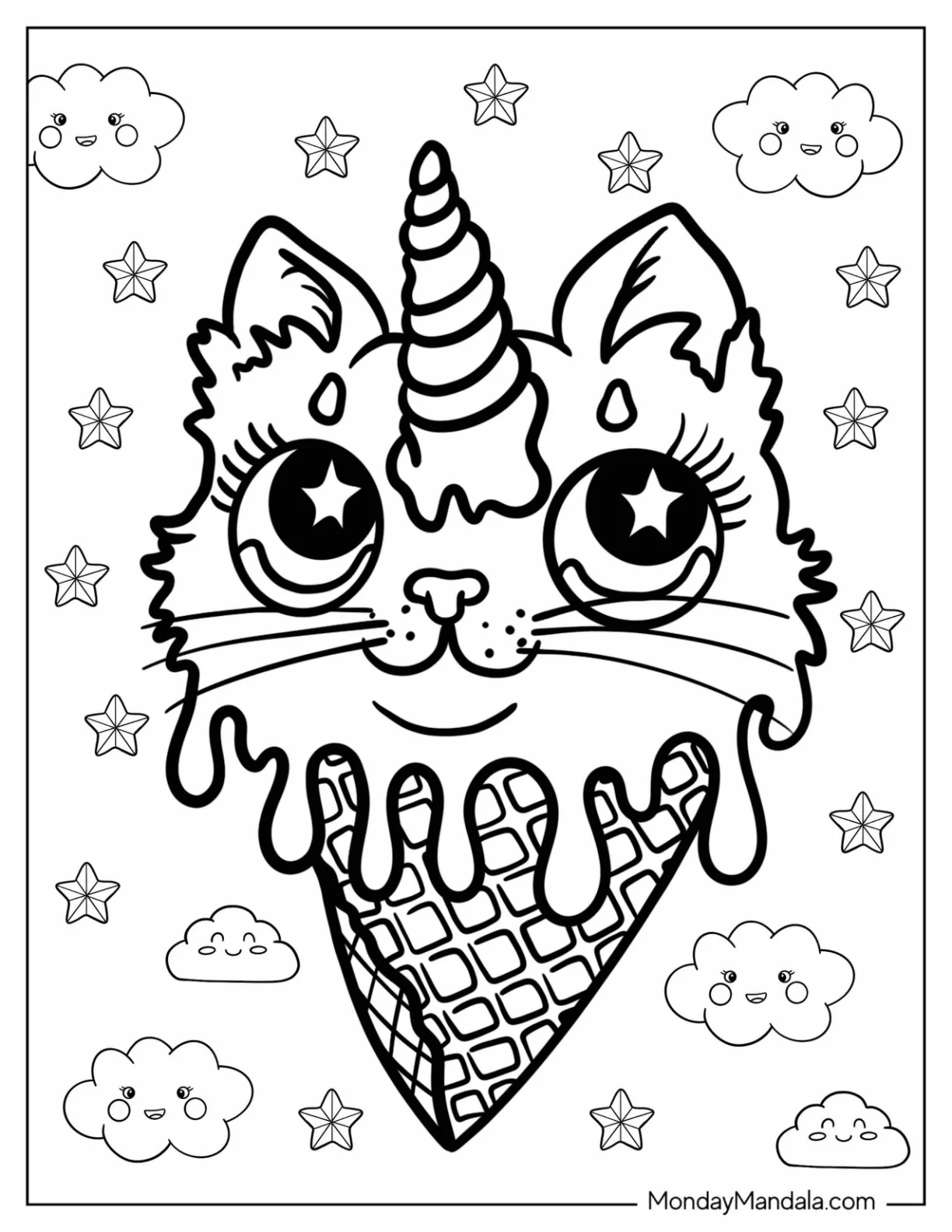 Unicorn Cat Coloring Page Ice Cream Cone coloring page