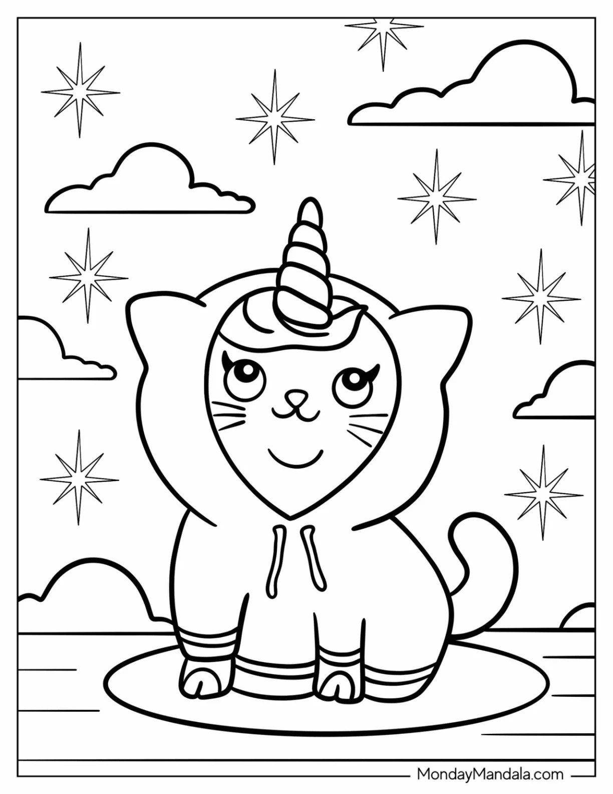 Unicorn Cat Coloring Page Wearing Hooded Onesie coloring page
