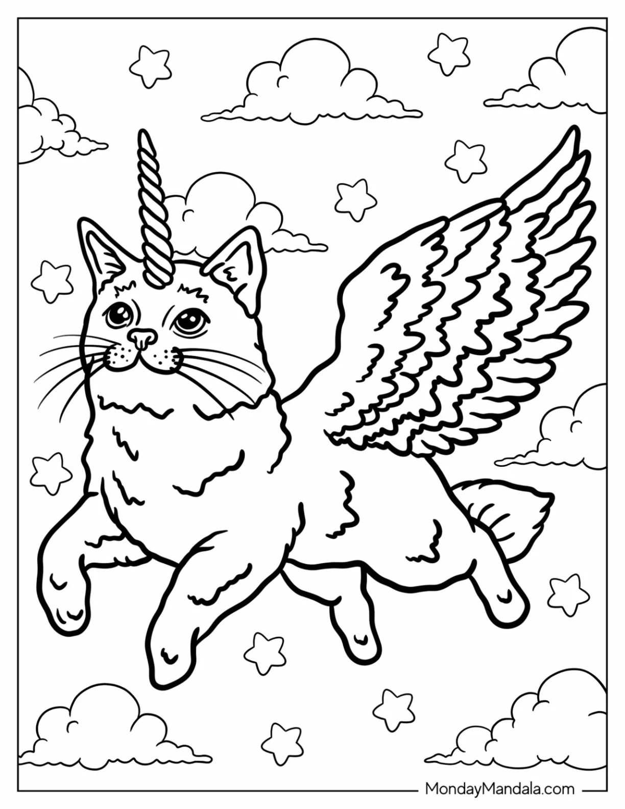 Unicorn Cat Coloring Page With Large Wings Flying In The Sky coloring page