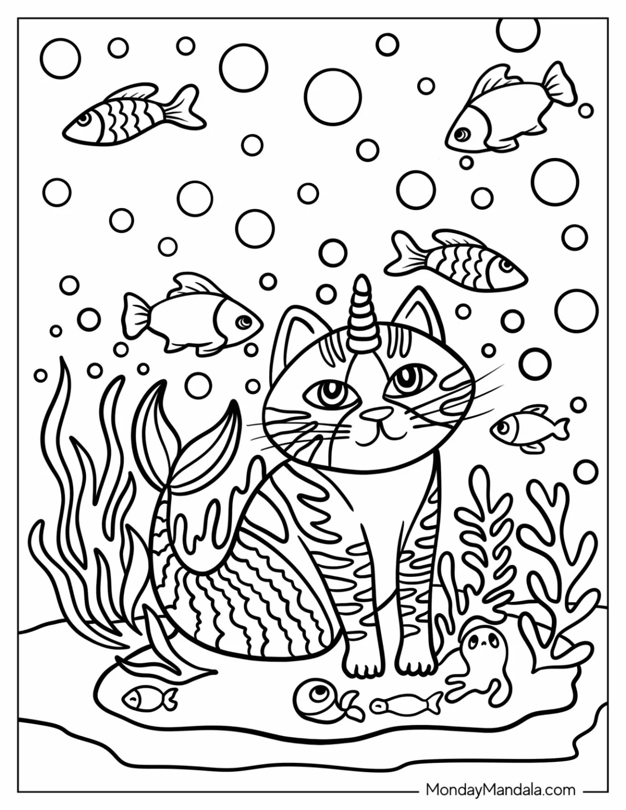 Unicorn Cat Coloring Page With Mermaid Tail Underwater coloring page