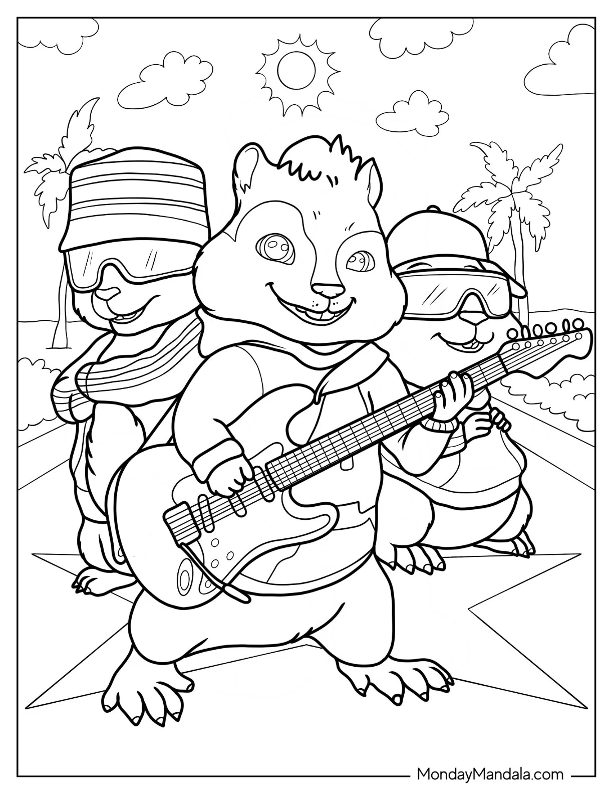 Alvin And The Chipmunks Coloring Page In Sunglasses Holding Electric Guitar coloring page