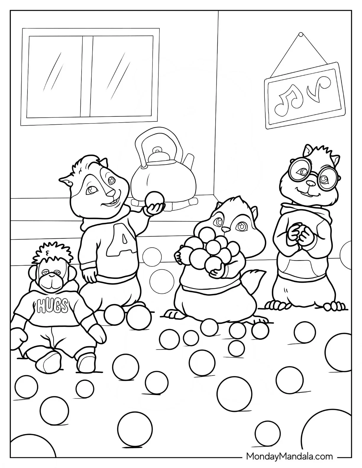 Alvin And The Chipmunks Coloring Page Of Alvin, Simon, And Theodore Eating Cheese Balls coloring page