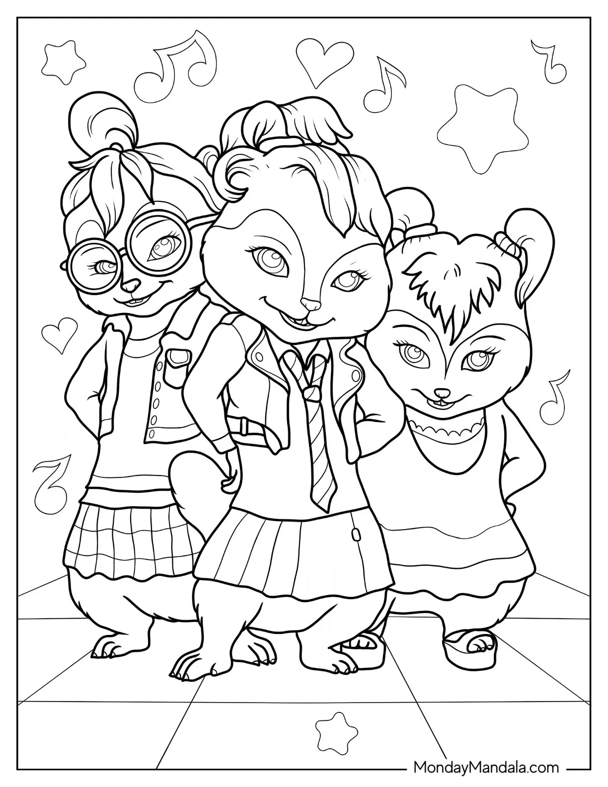 Alvin And The Chipmunks Coloring Page Of Brittany, Jeanette, And Eleanor On Stage coloring page