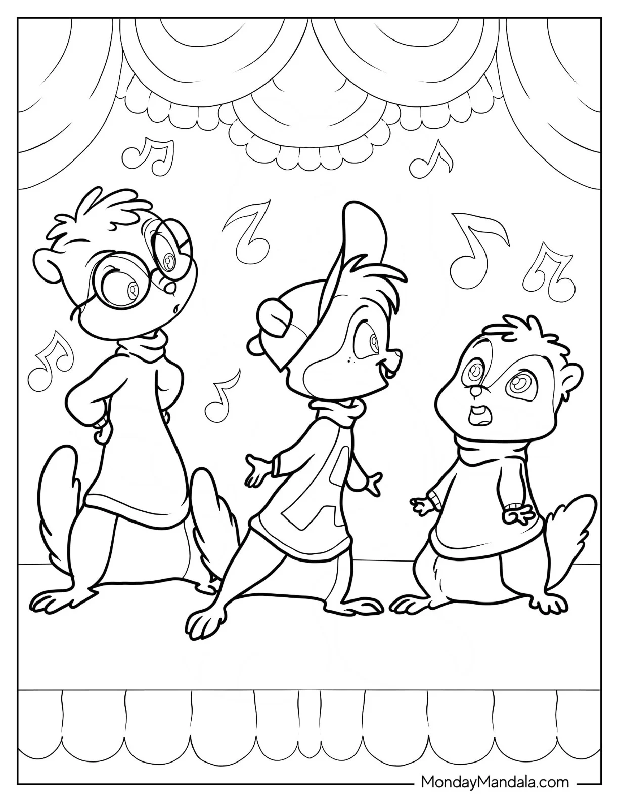 Alvin And The Chipmunks Coloring Page Of Cartoon Alvin, Simon, And Theodore Singing For Kids coloring page