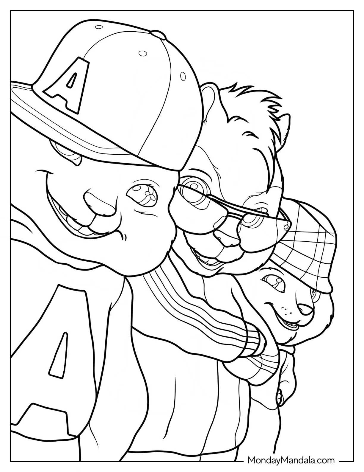Alvin And The Chipmunks Coloring Page Of Close Up Of Alvin, Simon, And Theodore Smiling coloring page