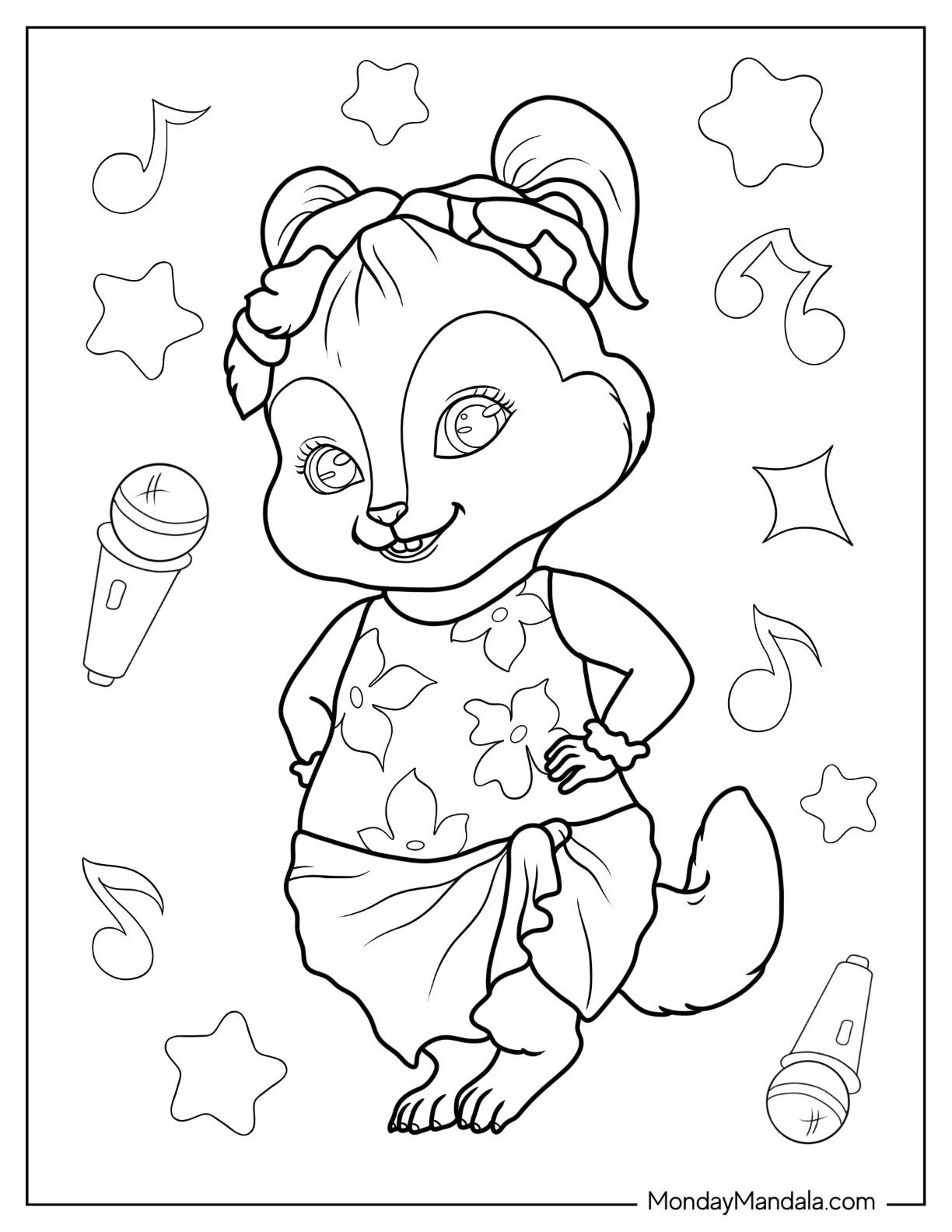 Alvin And The Chipmunks Coloring Page Of Cute Eleanor Chipmunk In Summer Outfit coloring page — printable line art