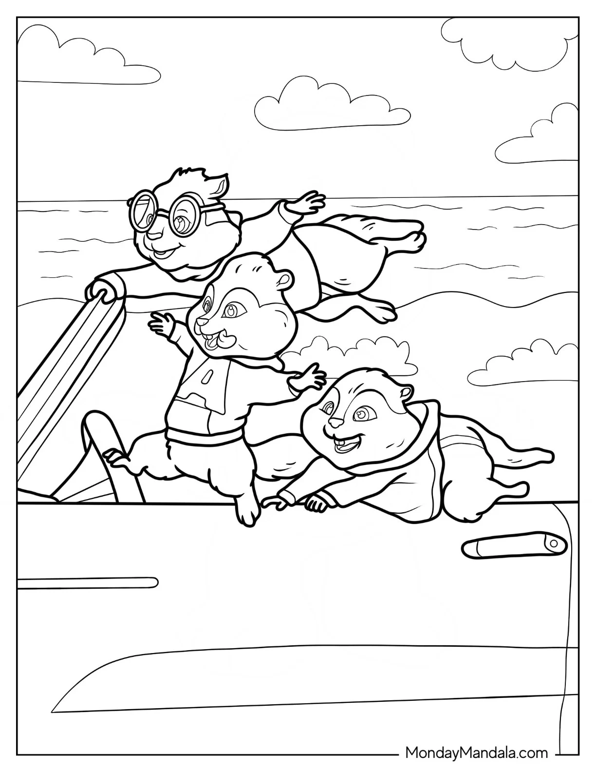 Alvin And The Chipmunks Coloring Page Of Riding Car By The Beach coloring page — printable line art
