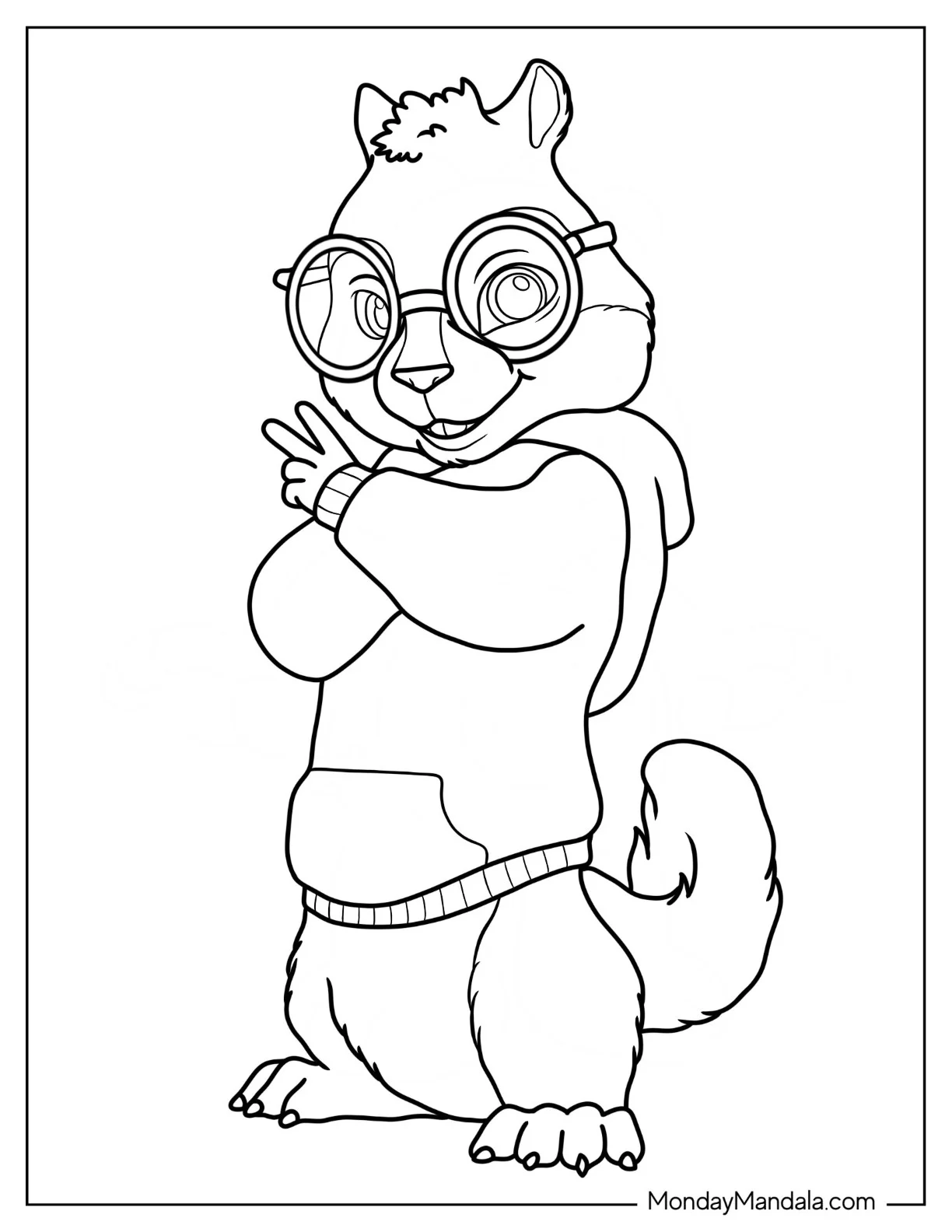 Alvin And The Chipmunks Coloring Page Of Simon Making Peace Sign In A Hooded Sweatshirt coloring page