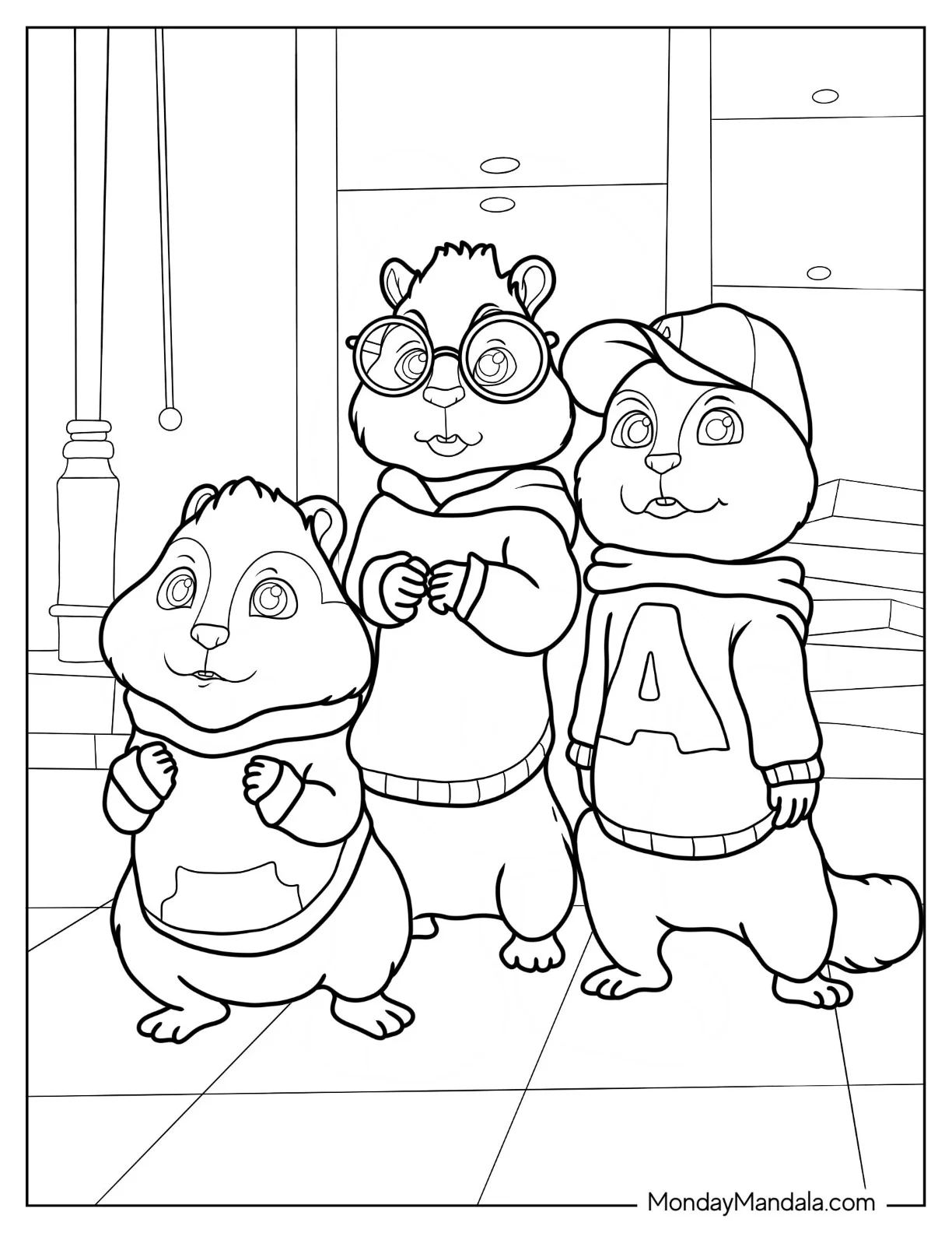 Alvin And The Chipmunks Coloring Page Standing In Their House coloring page — printable line art