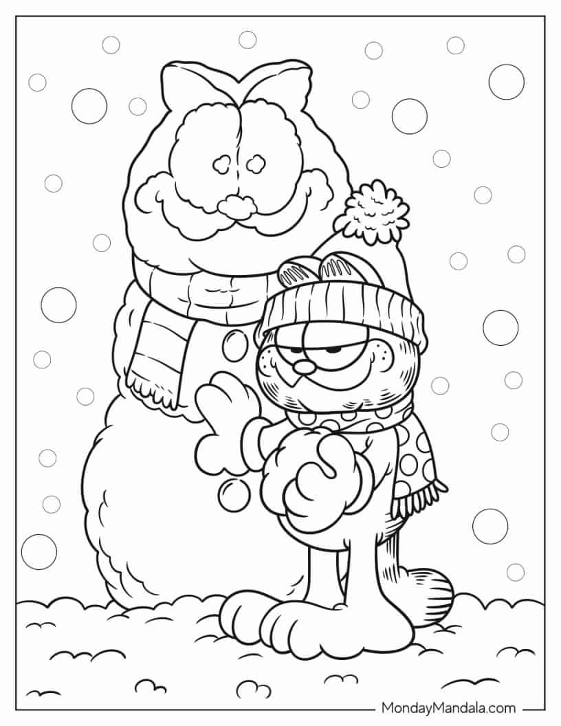 Coloring Page of Garfield Making Christmas Garfield Snowman coloring page