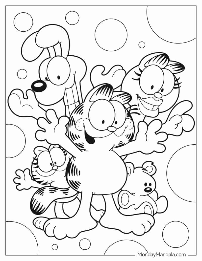 Coloring Page Of Garfield, Odie, Arlene, Pookie, And Nermal coloring page — printable line art