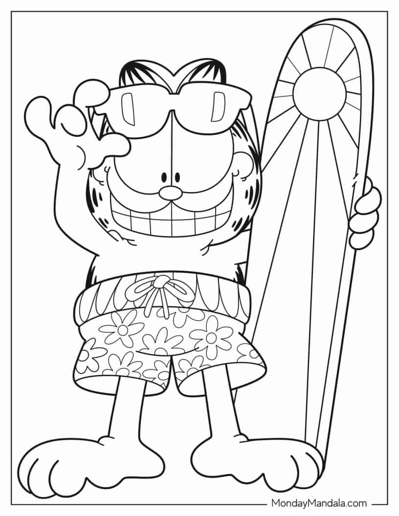 Coloring Sheet Of Garfield With Sunglasses And Surfboard coloring page