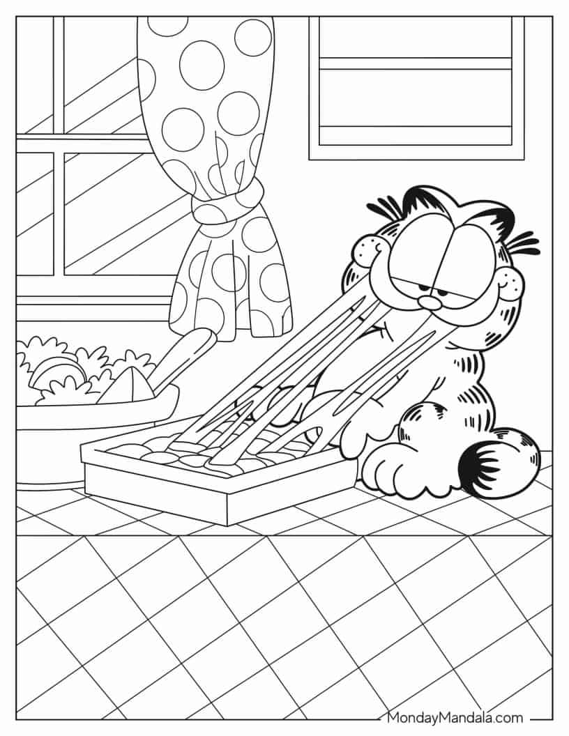 Garfield Eating Strings Of Cheese From Lasagna coloring page