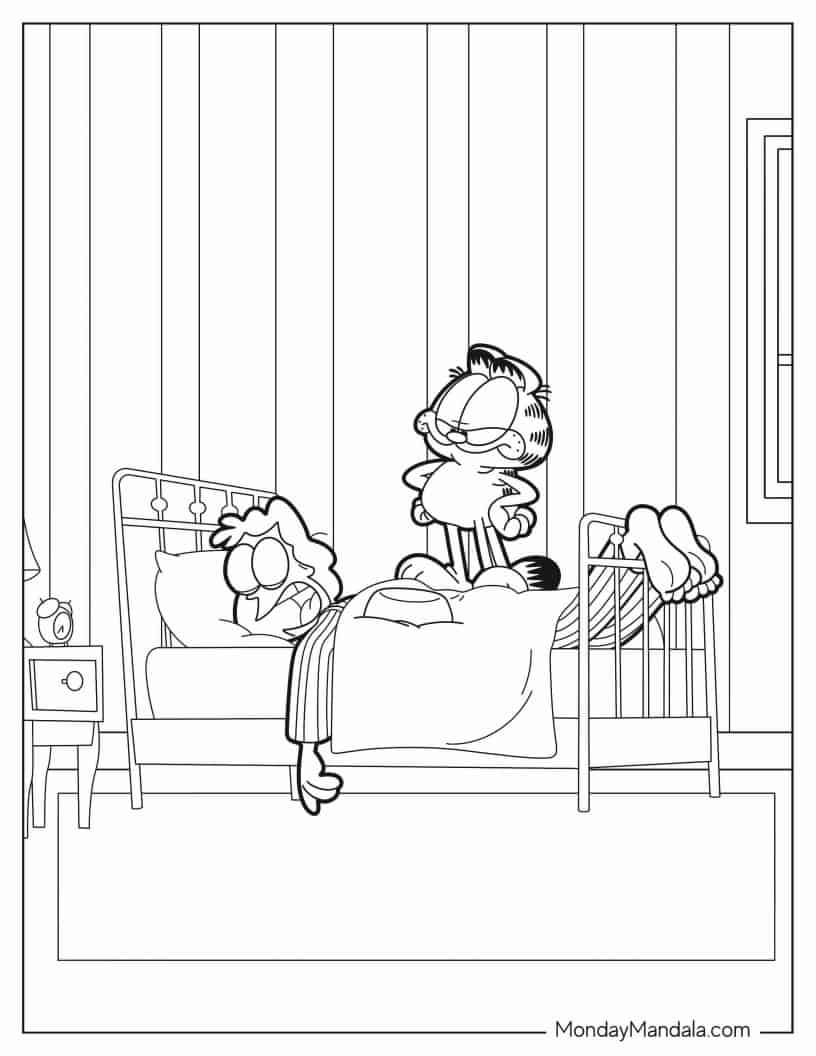 Garfield Frowning At Sleeping Jon Arbuckle Coloring Page coloring page