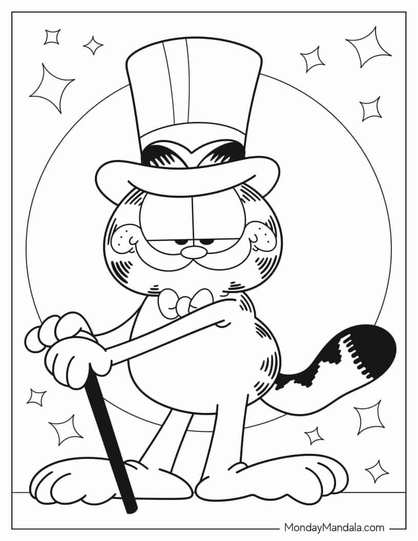 Garfield With Top Hat And Cane coloring page — printable line art