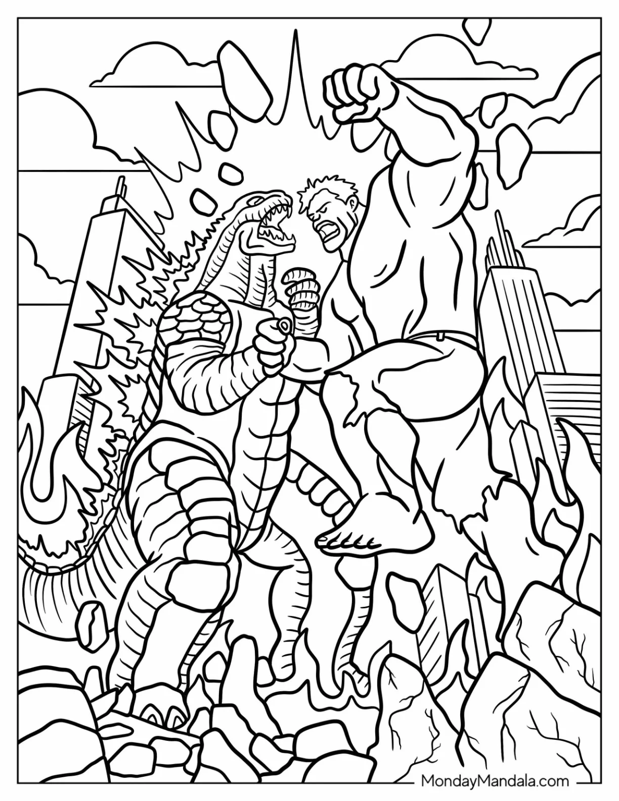 Epic Godzilla Coloring Page vs Hulk In The City coloring page — printable line art
