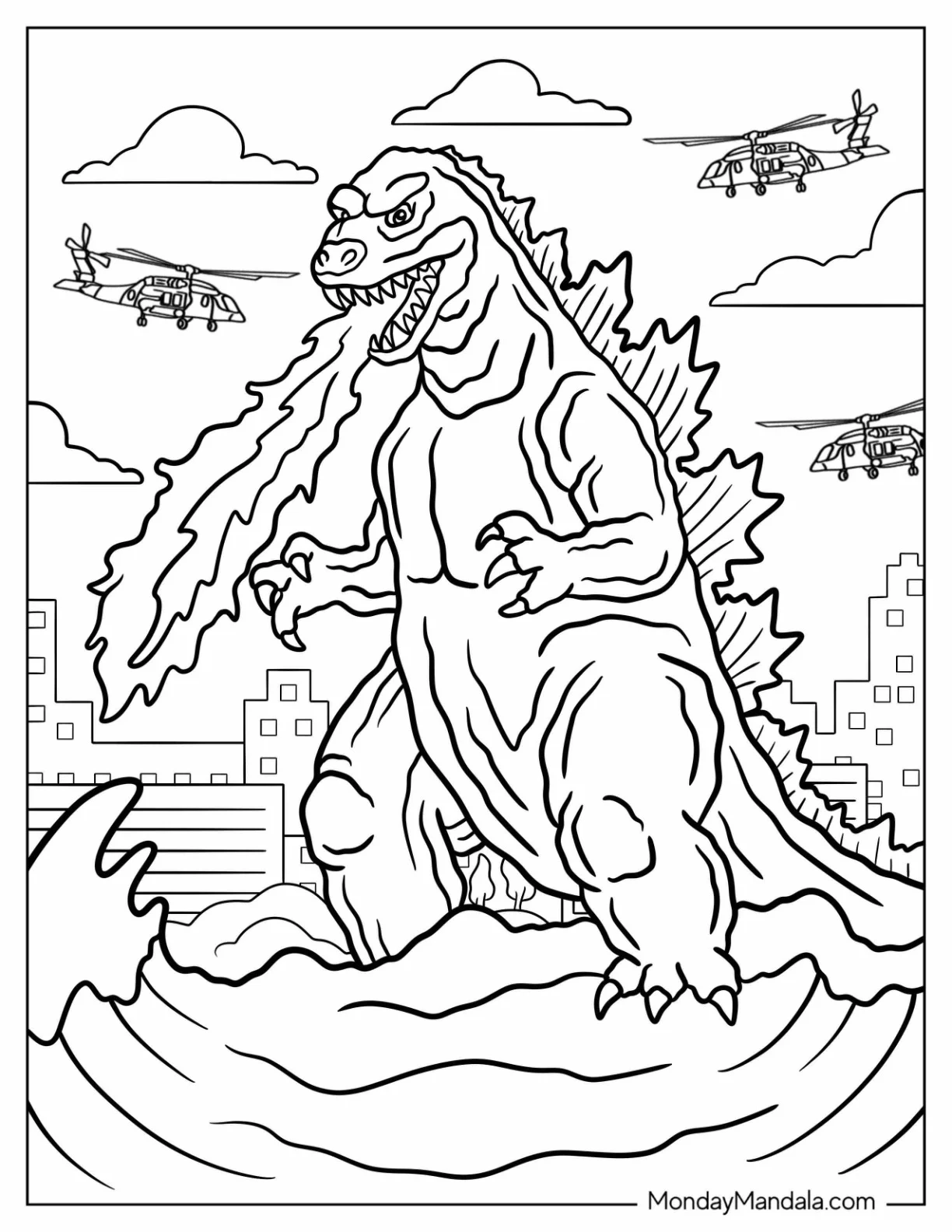 Godzilla Breathing Fire Across the Ocean With Helicopters In The Sky coloring page