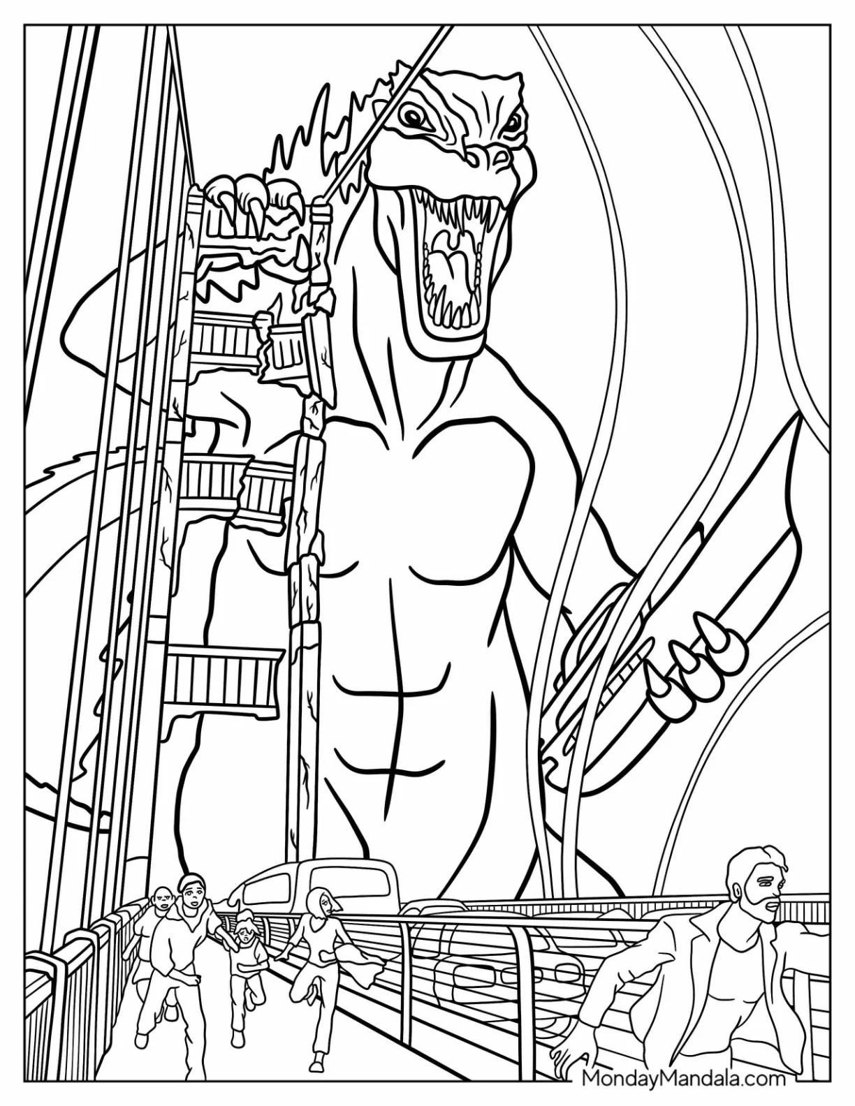Godzilla Coloring Page Attacking the Bridge as People Run in Fear coloring page — printable line art