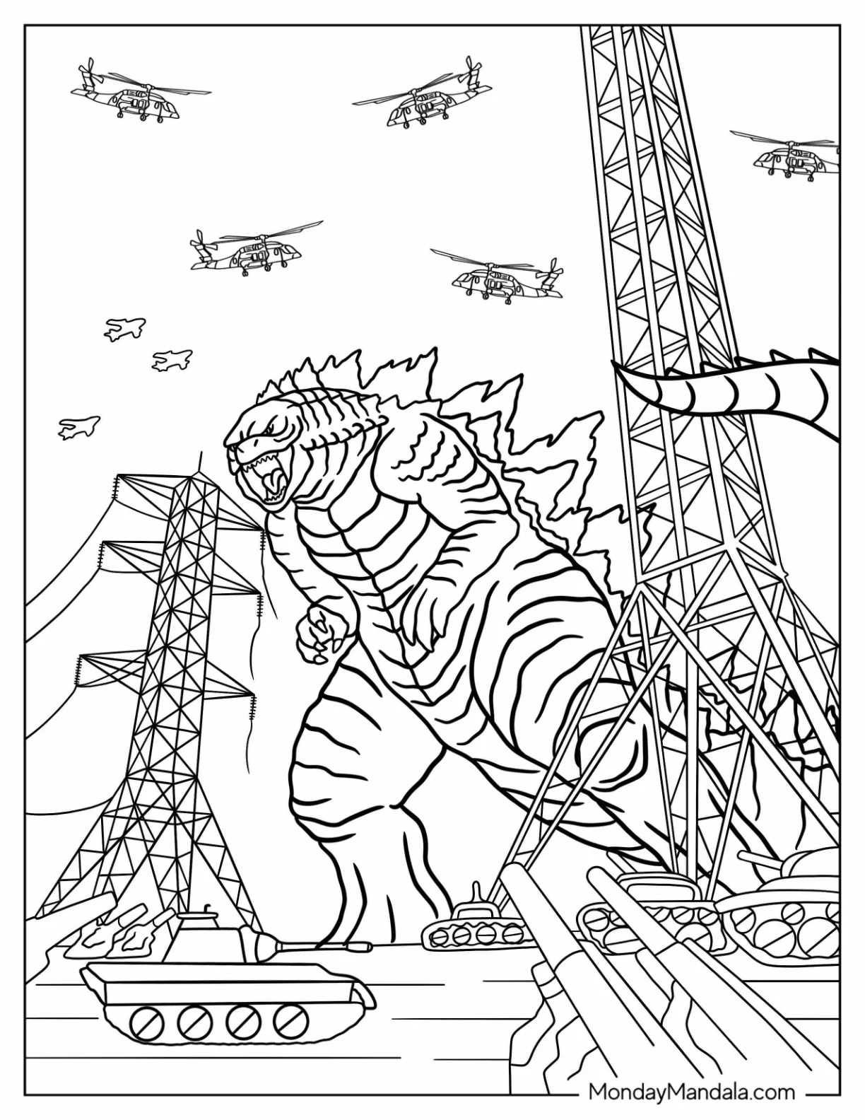 Godzilla Coloring Page Being Attacked By Military coloring page