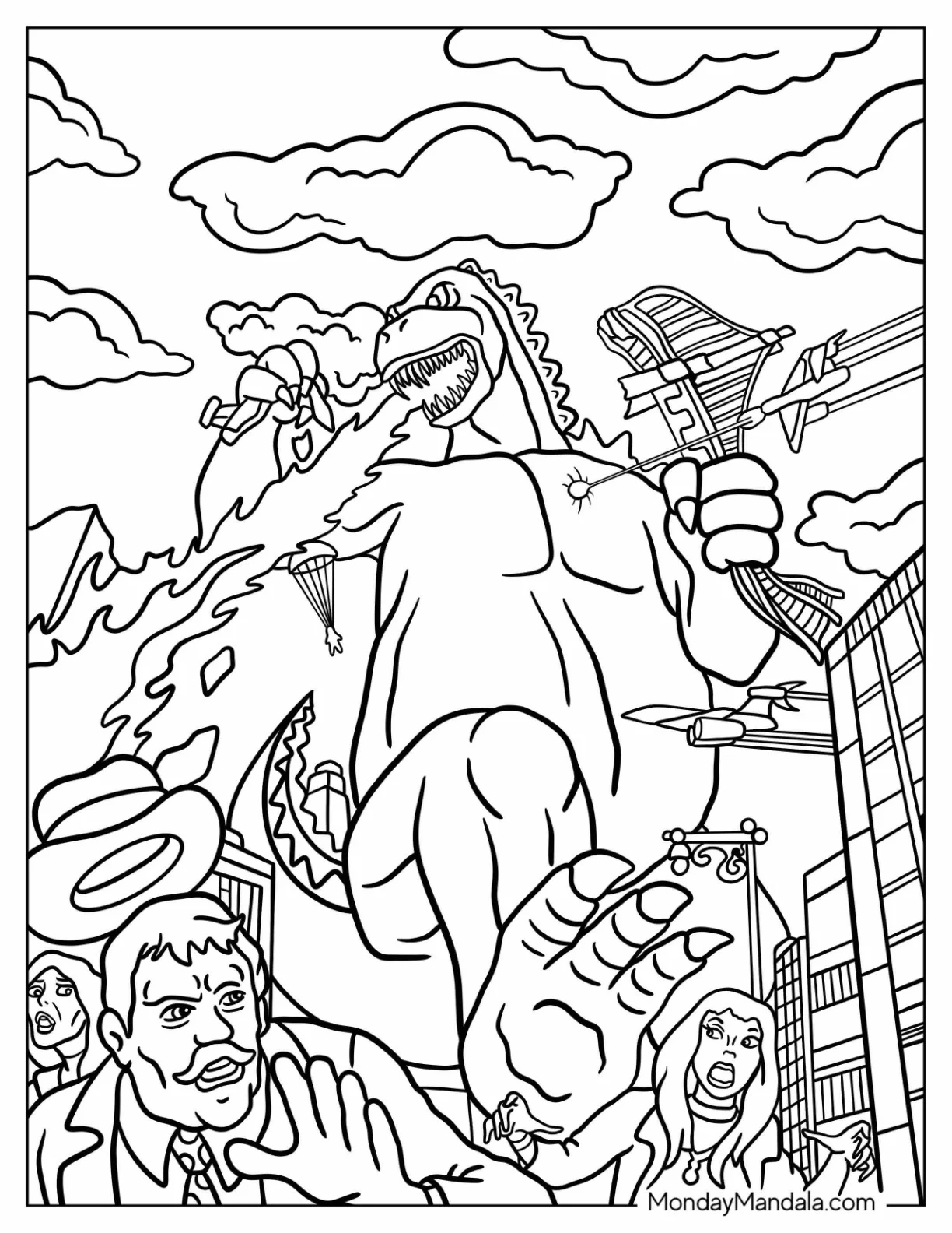 Godzilla Coloring Page Breathing Fire And Battling Helicopters coloring page