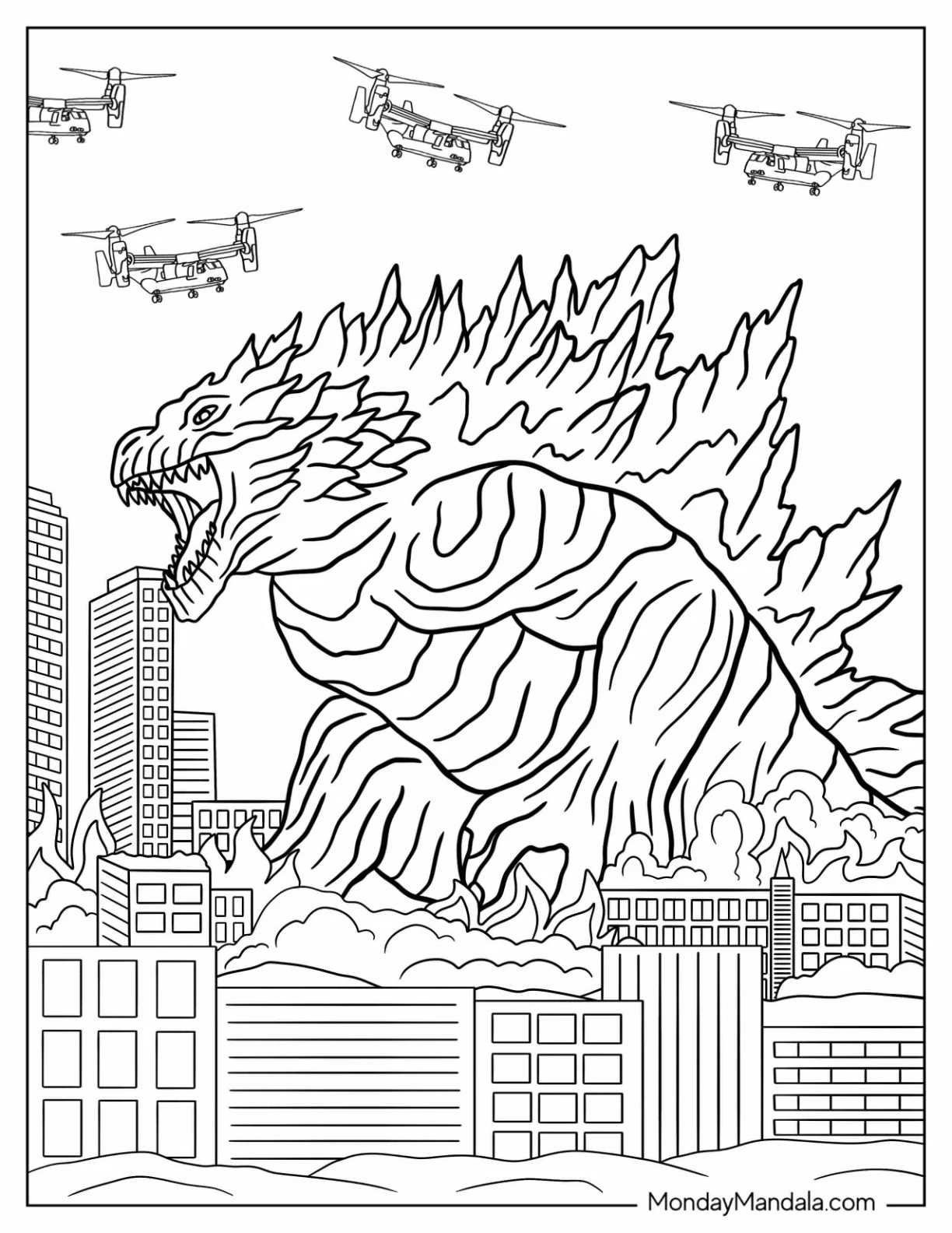 Godzilla Coloring Page Destroying City coloring page — printable line art