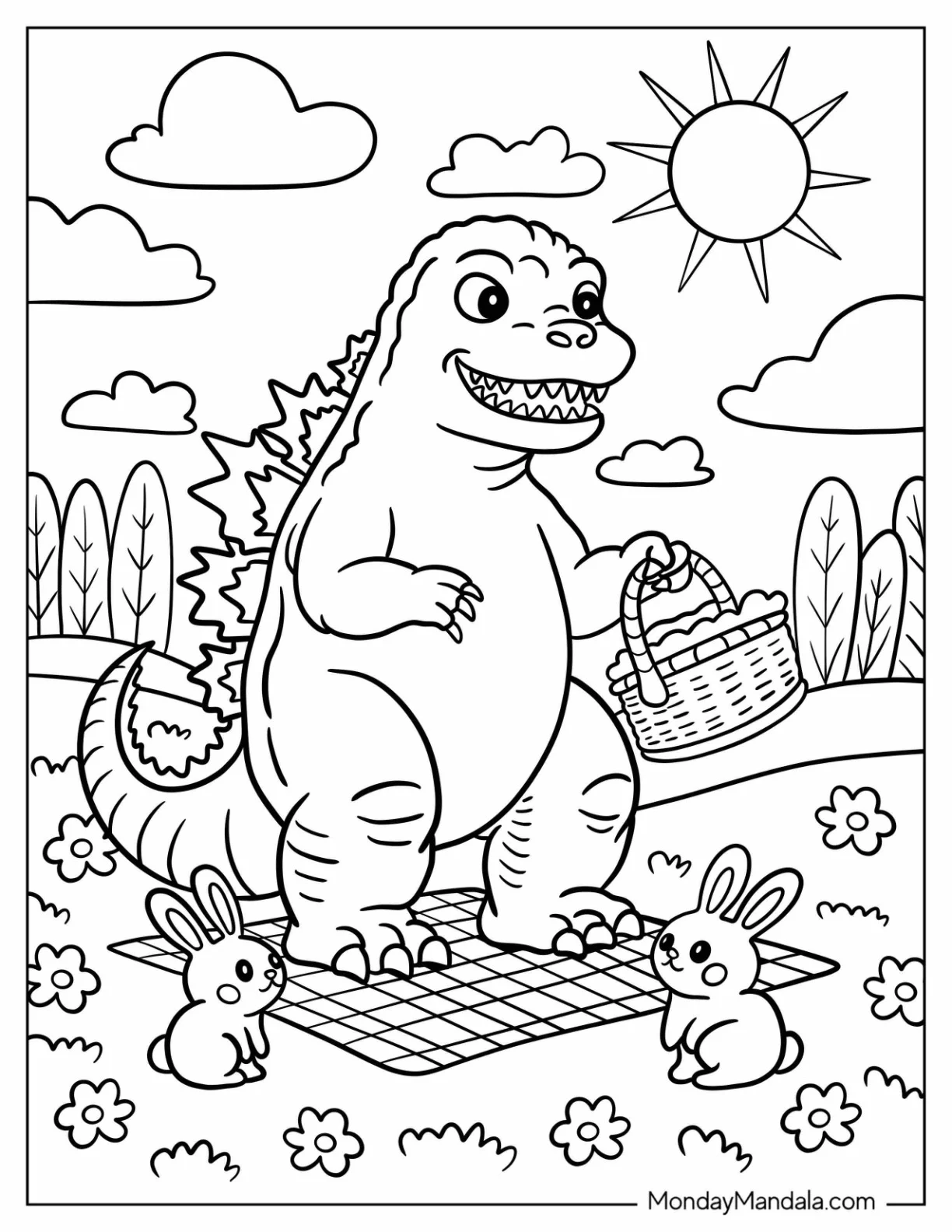 Godzilla Coloring Page Enjoying A Sunny Picnic With Forest Bunnies For Kids coloring page — printable line art