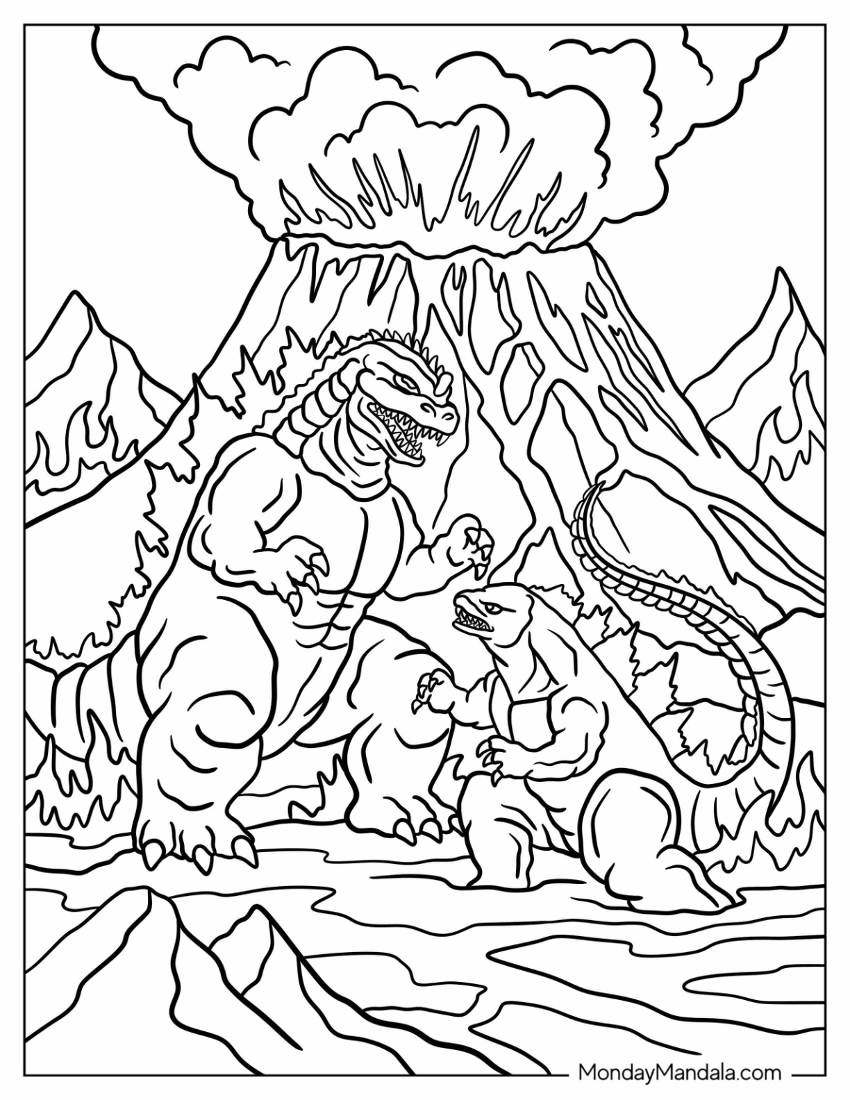 Godzilla Coloring Page Facing Off With Another Monster Near An Erupting Volcano coloring page — printable line art