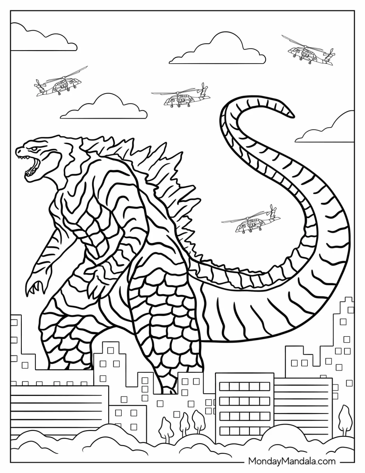 Godzilla Coloring Page In City With Helicopters coloring page