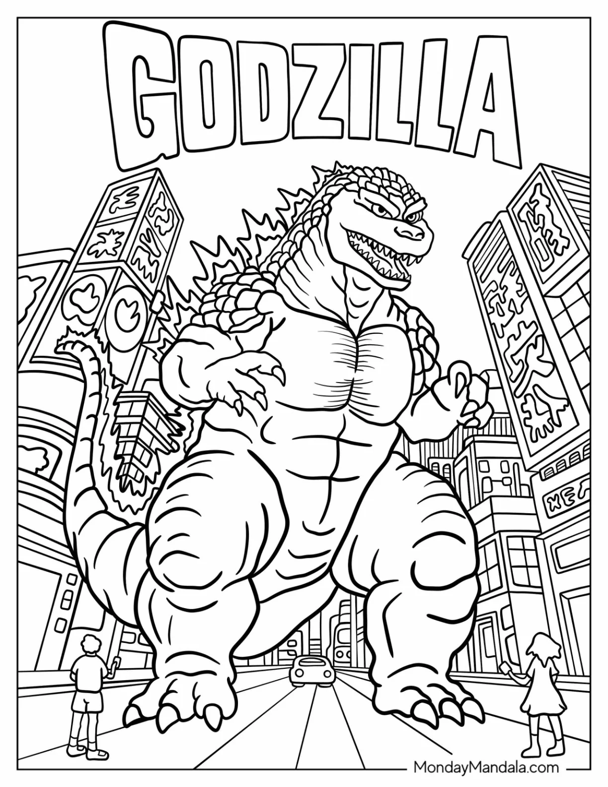 Godzilla Coloring Page In The City With Skyscrapers And People coloring page