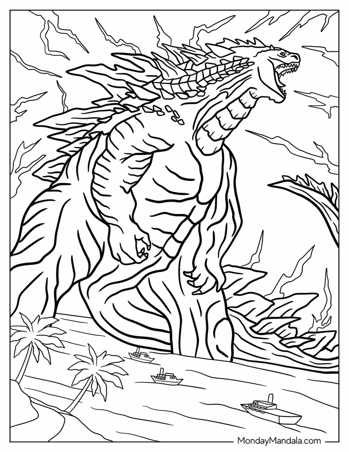 Godzilla Coloring Page In The Sea With Lightning In Sky coloring page