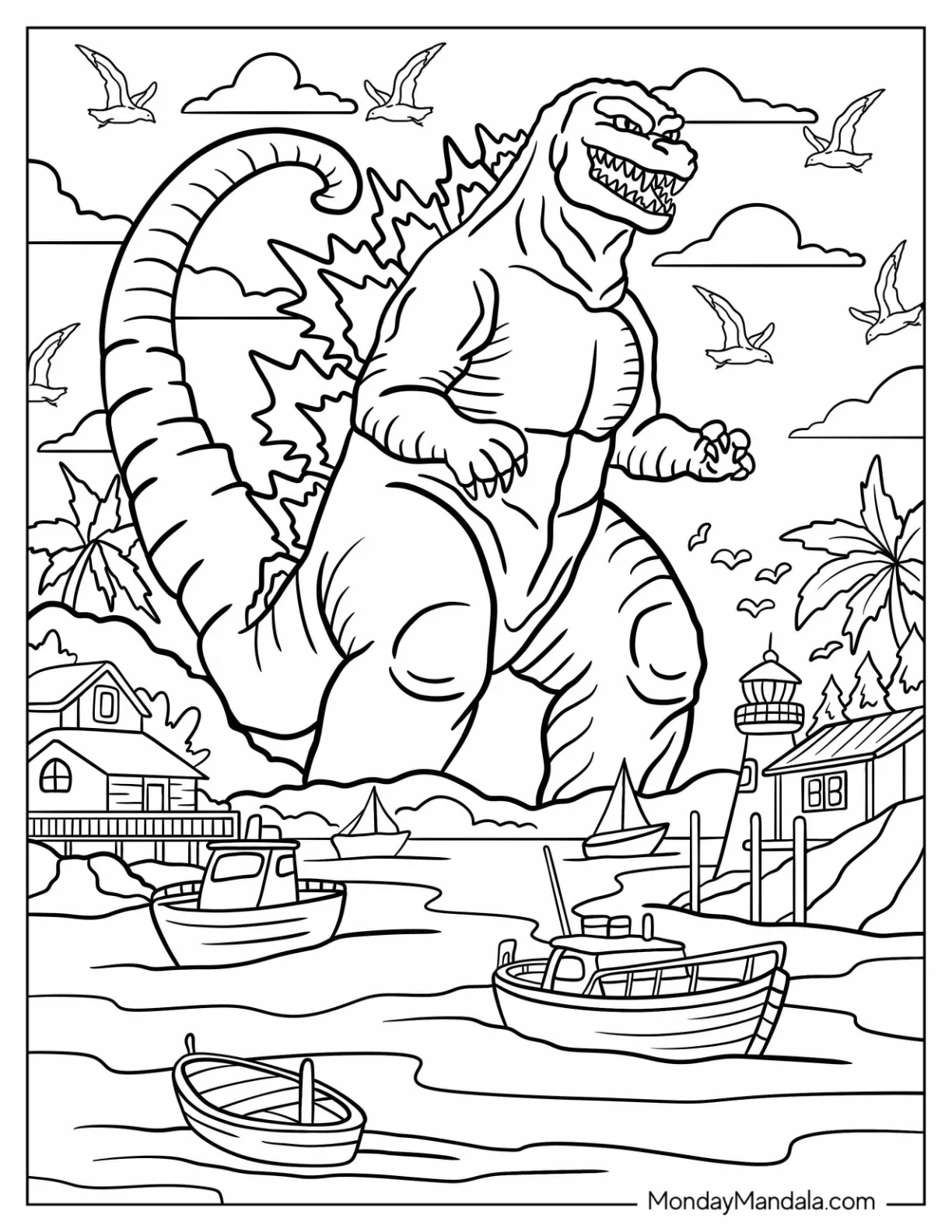 Godzilla Coloring Page Near A Lighthouse With Sailboats And Flying Birds coloring page — printable line art