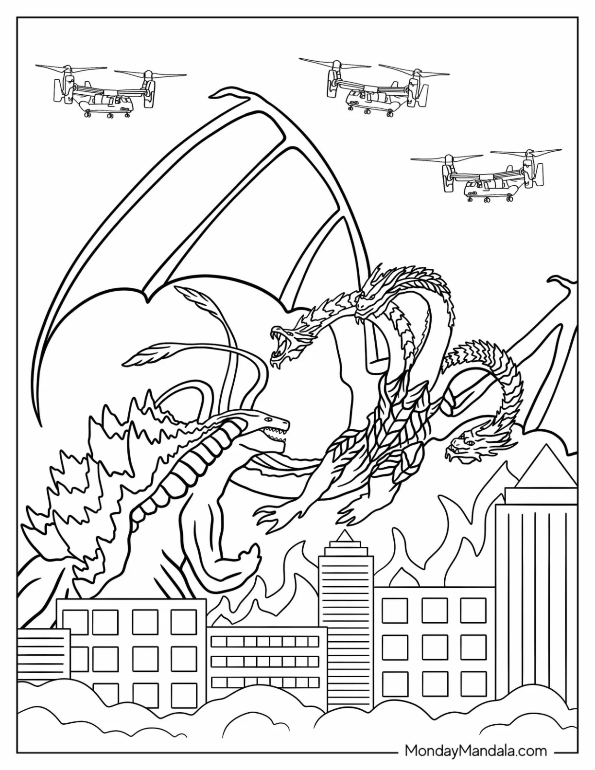 Godzilla Coloring Page of Fighting King Ghidorah coloring page