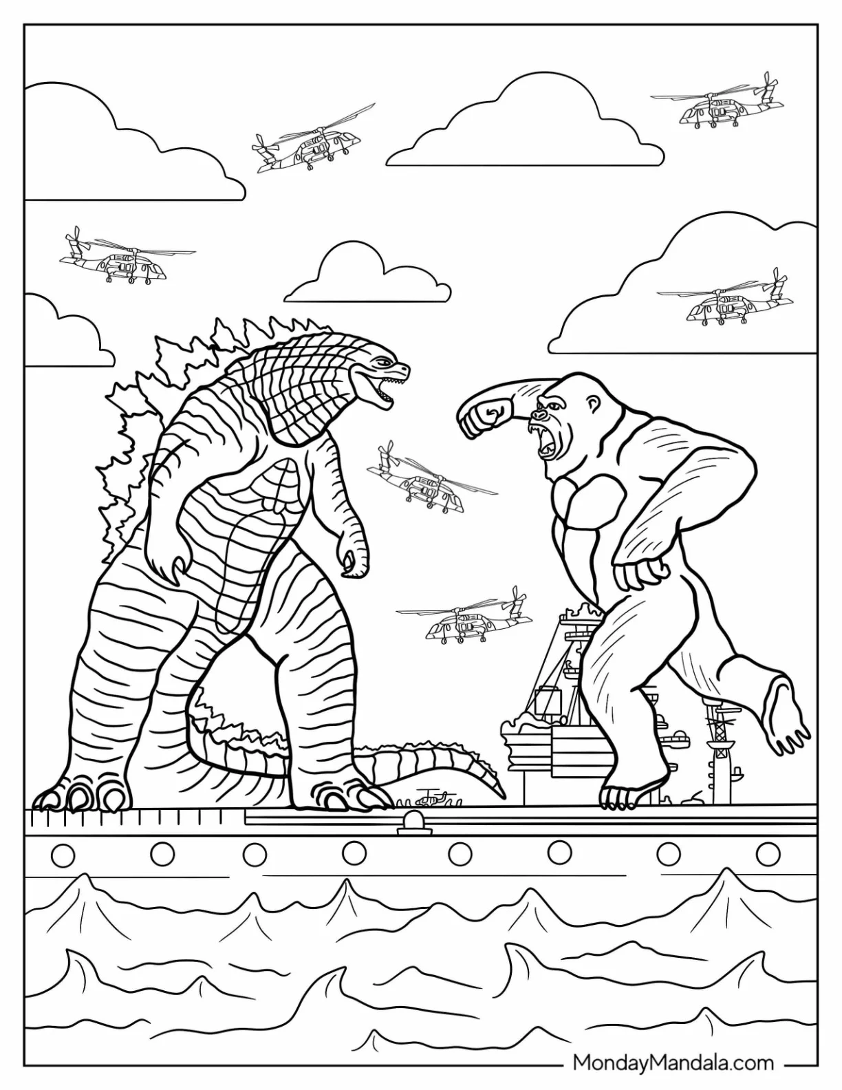 Godzilla Coloring Page of Fighting Kong On Battleship coloring page