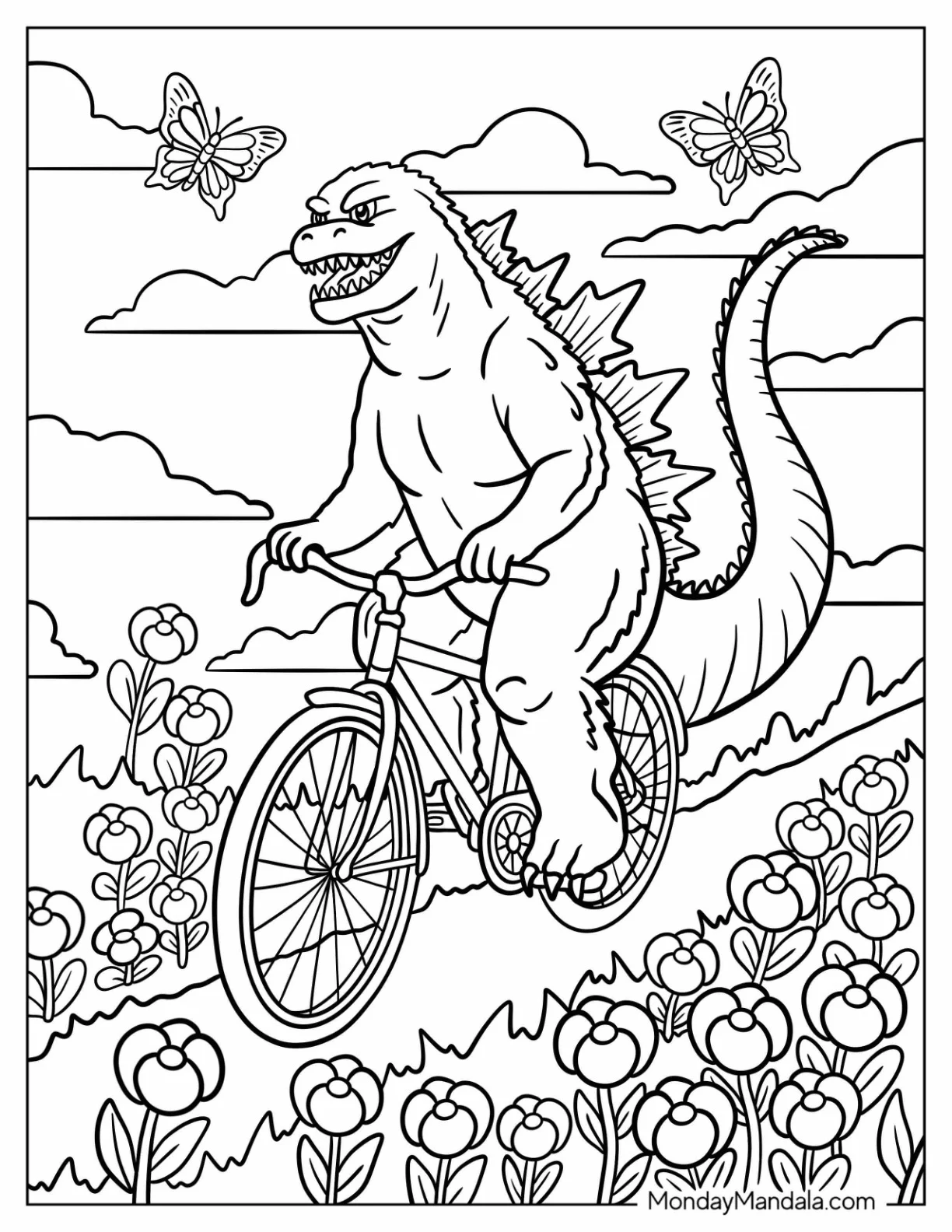Godzilla Coloring Page Riding a Bicycle Through a Field of Blooming Flowers coloring page — printable line art