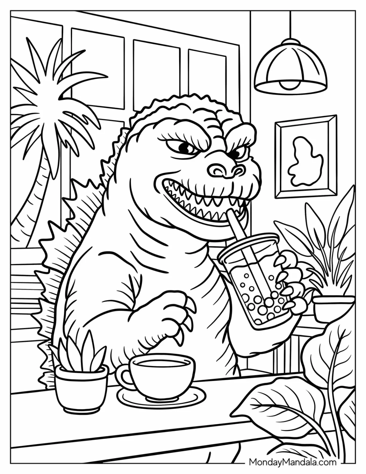 Godzilla Coloring Page Sipping Boba in a Cozy Coffee Shop For Kids coloring page — printable line art