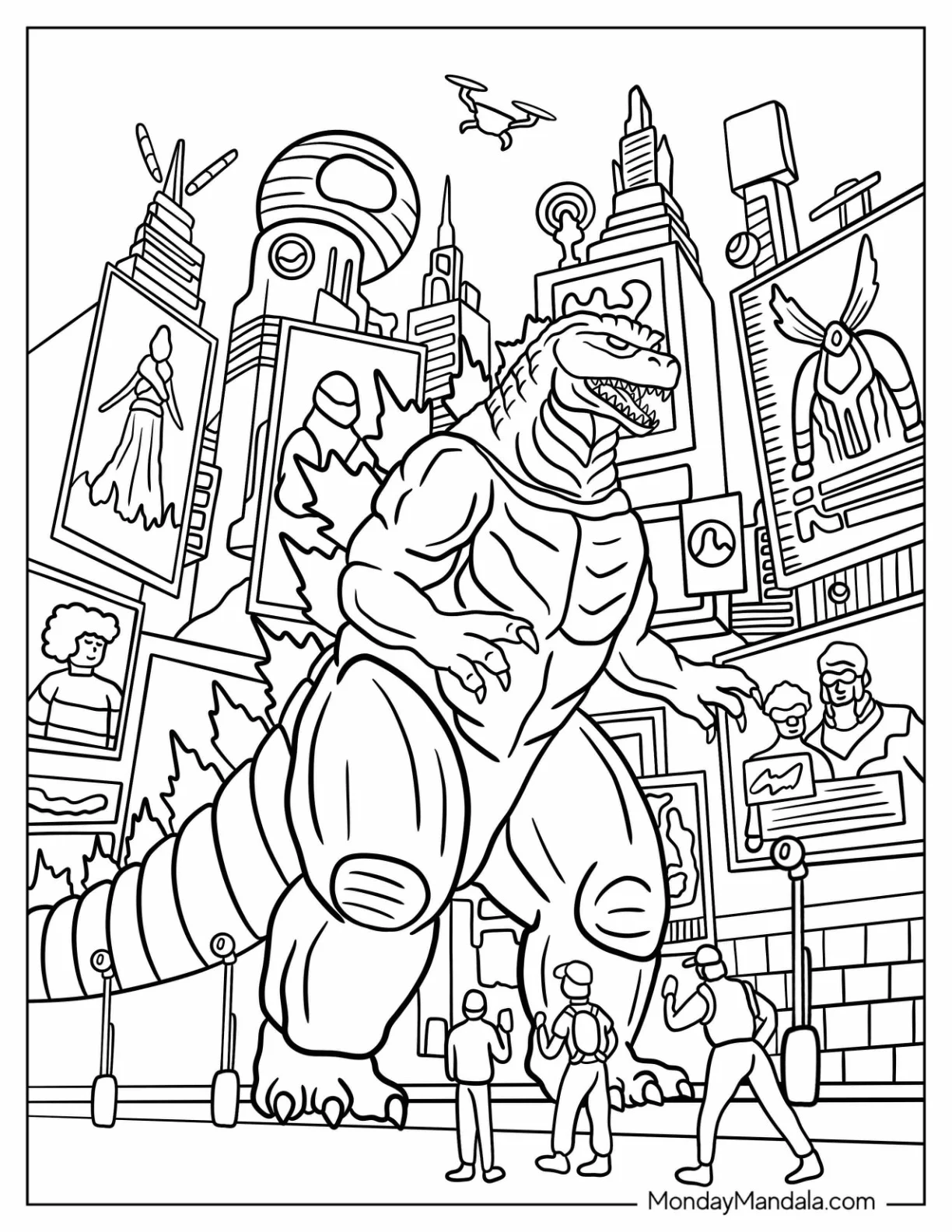 Godzilla Coloring Page Standing In The Middle Of A Busy City coloring page — printable line art