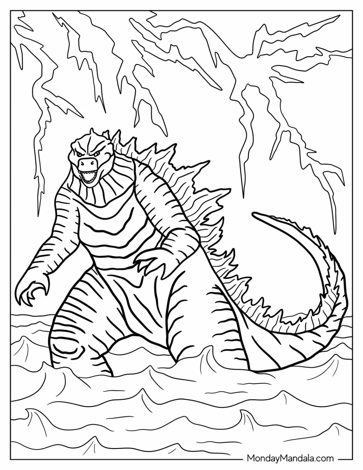 Godzilla Coloring Page Standing In The Middle Of The Ocean coloring page — printable line art