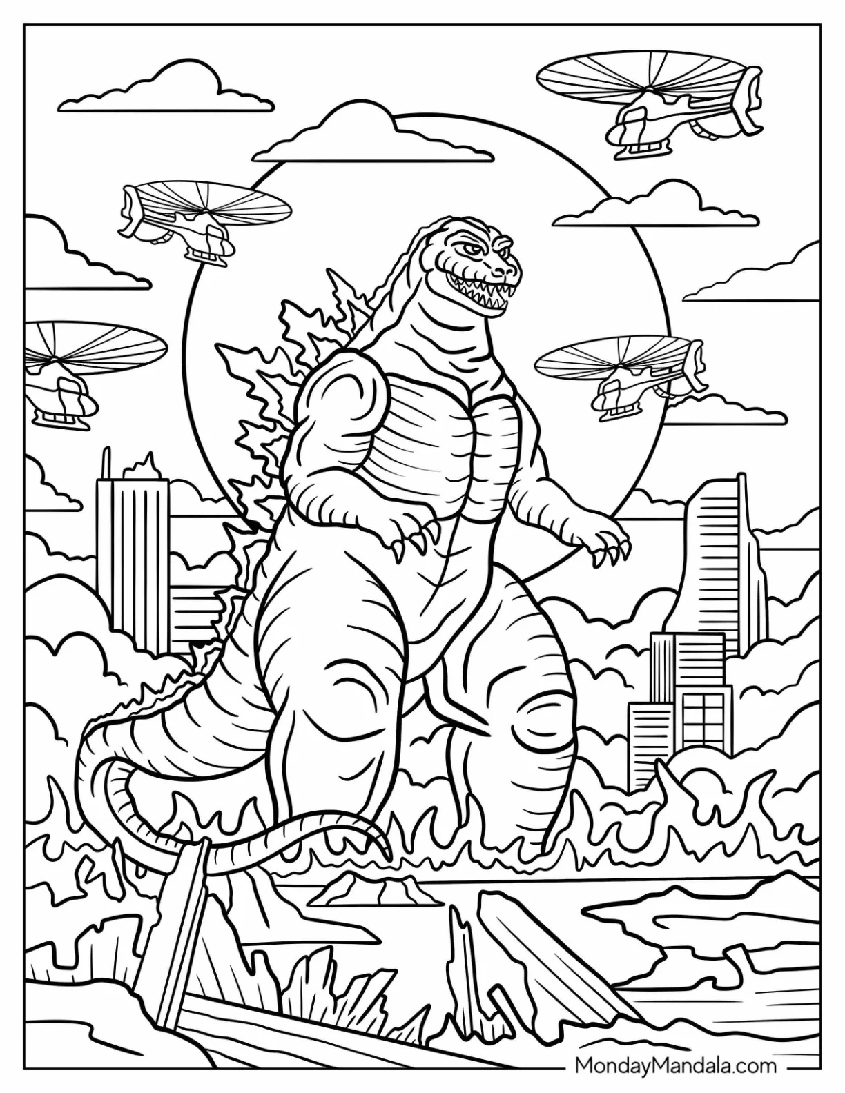 Godzilla Coloring Page Surrounded By Helicopters Over A Burning Skyline coloring page — printable line art