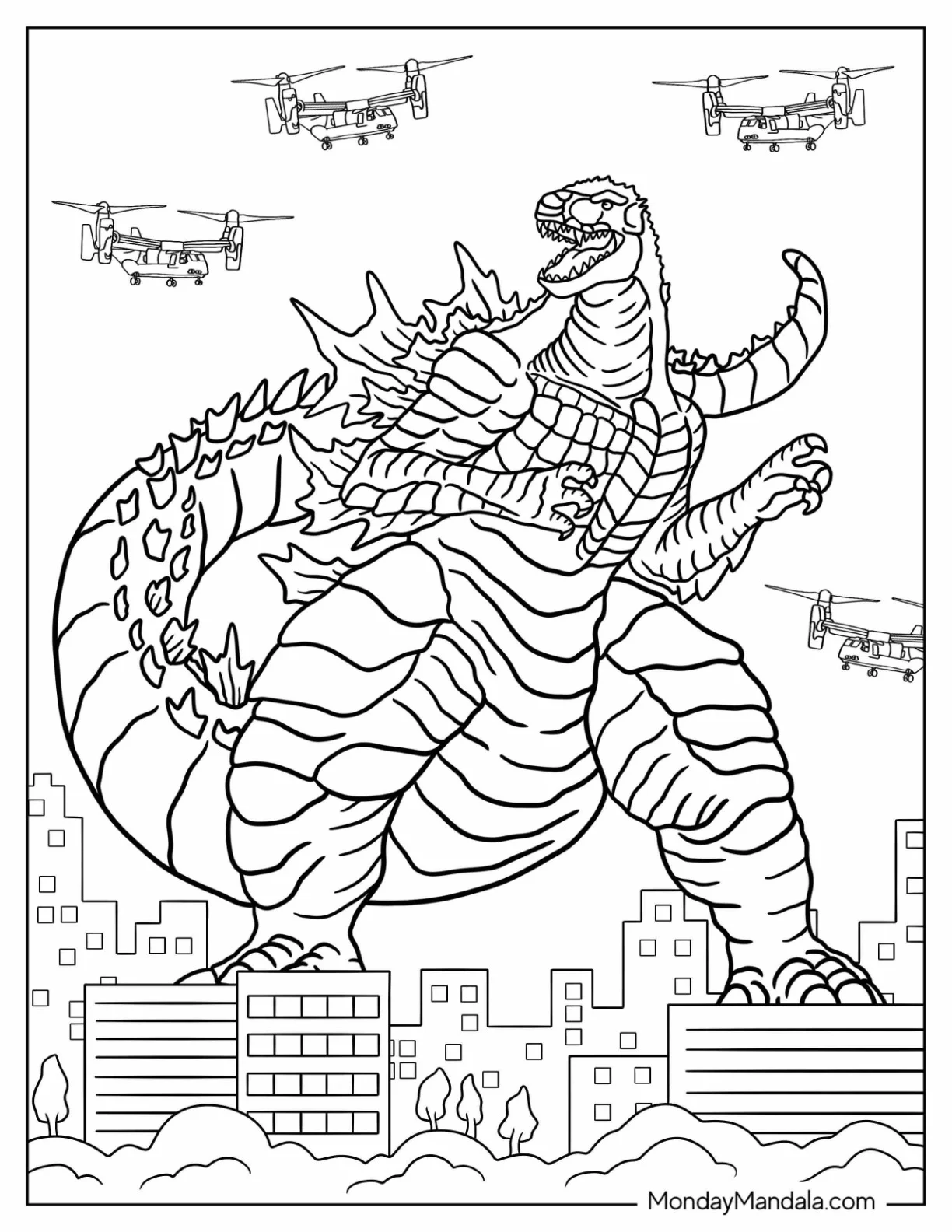 Godzilla Coloring Page Surrounded By Helicopters coloring page