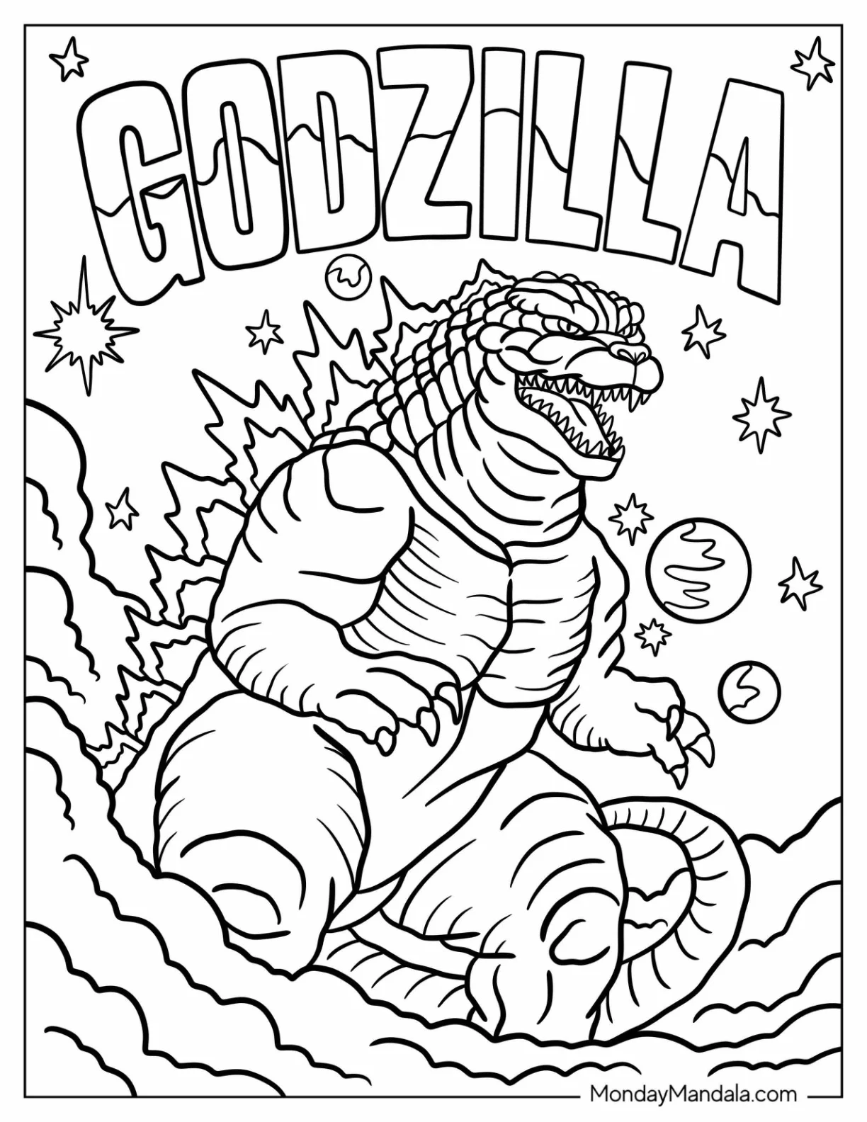 Godzilla Coloring Page Surrounded by Stars and Planets coloring page — printable line art