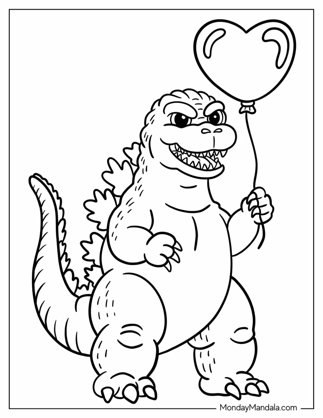 Kawaii Godzilla Coloring Page Holding a Heart Balloon For Preschoolers coloring page