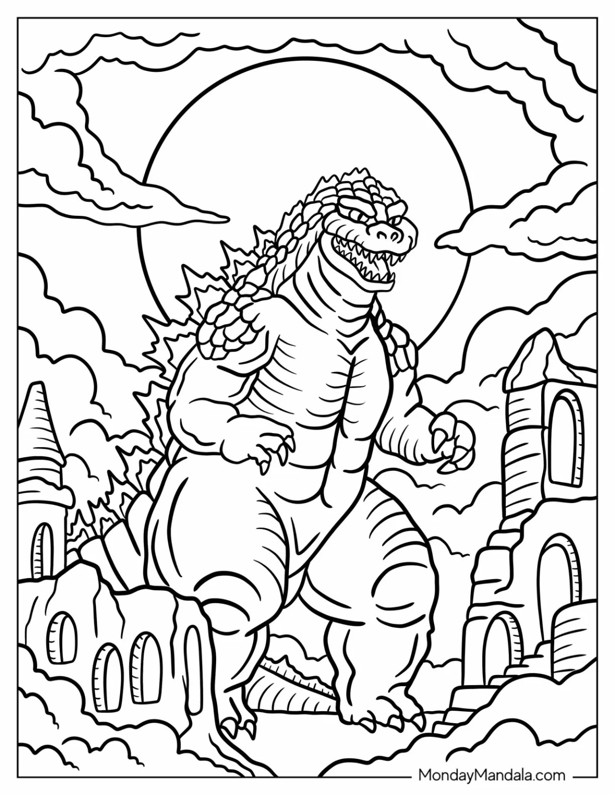 Majestic Godzilla Coloring Page with a Full Moon Behind Crumbling Towers coloring page — printable line art