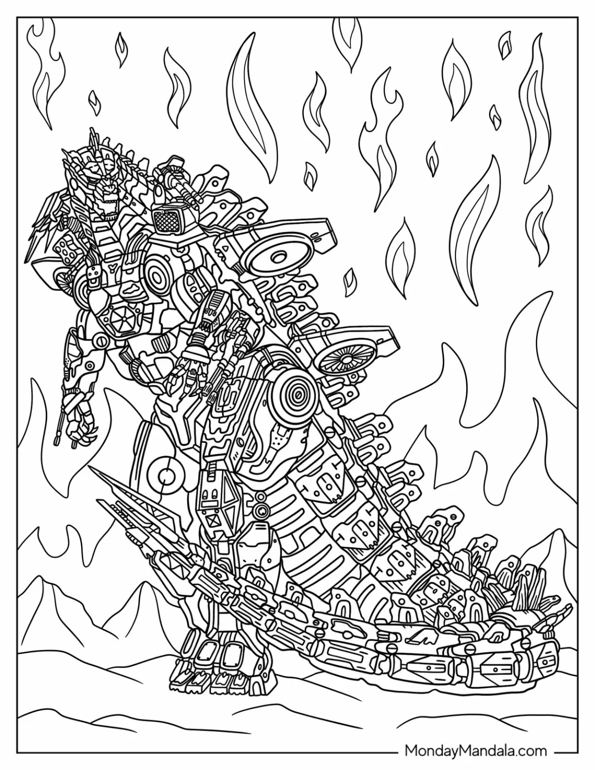 Mechagodzilla Coloring Page In The Middle Of Fire coloring page — printable line art