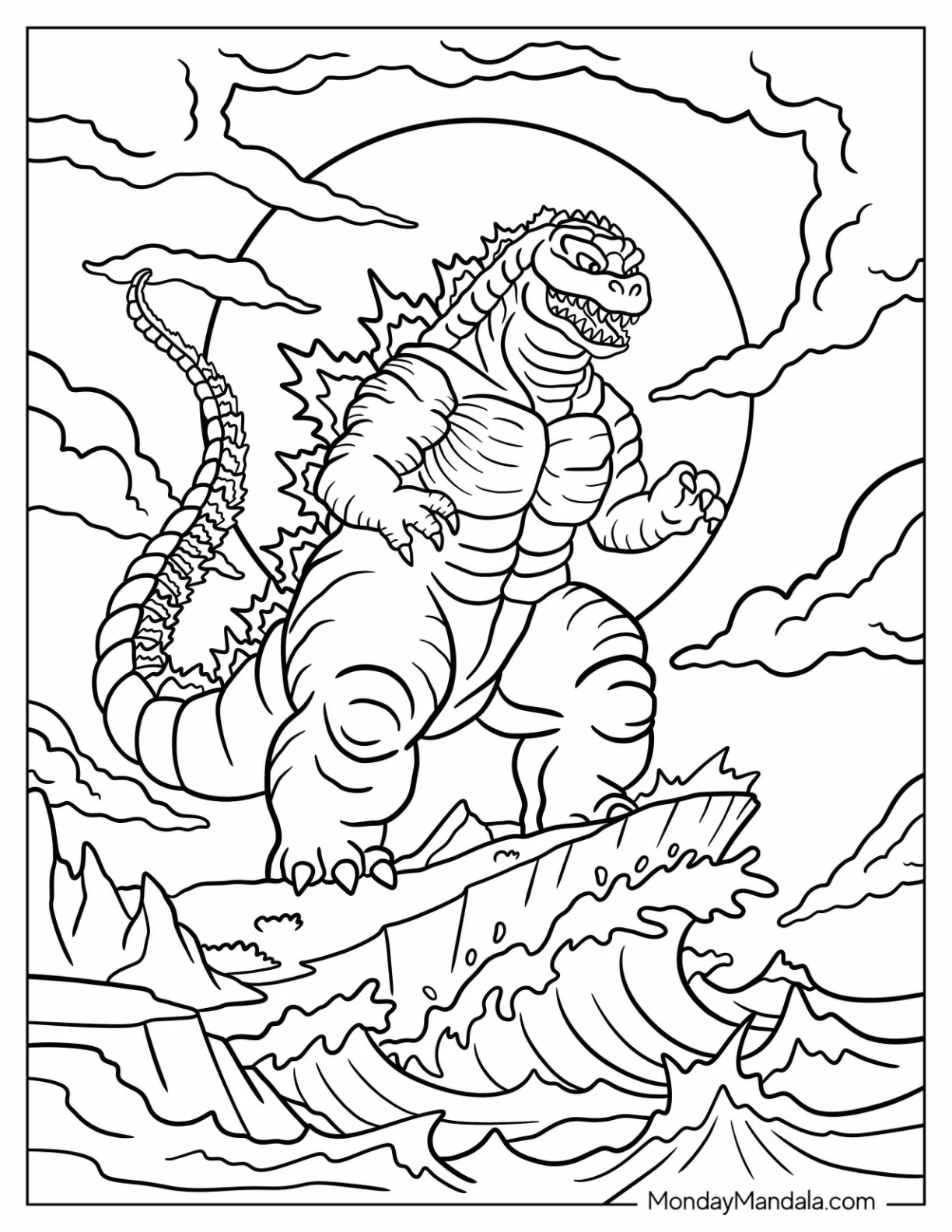 Realistic Godzilla Coloring Page Roaring On A Crashing Ocean Cliff coloring page — printable line art
