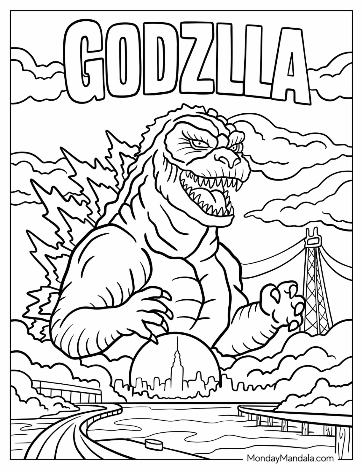 Scary Godzilla Coloring Page Guarding The City With A Menacing Grin coloring page