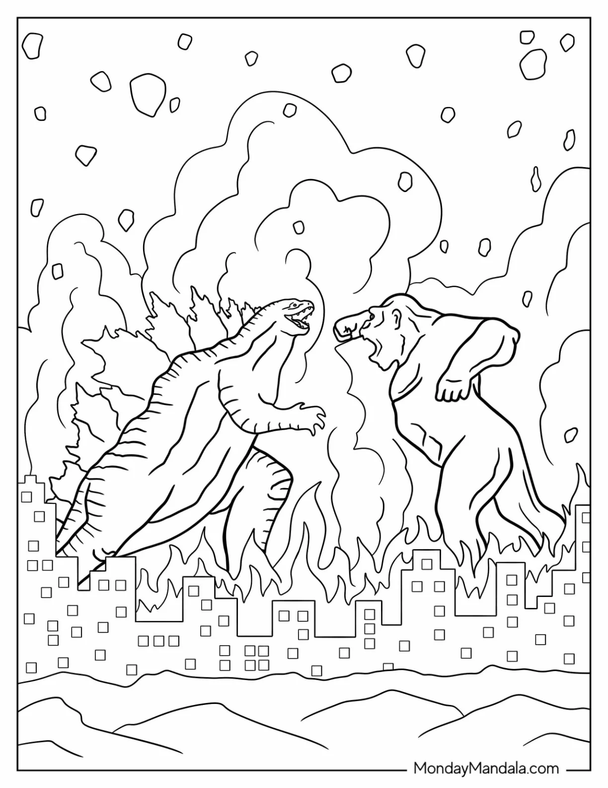 Simple Godzilla Coloring Page Vs Kong Fighting In Burning City coloring page