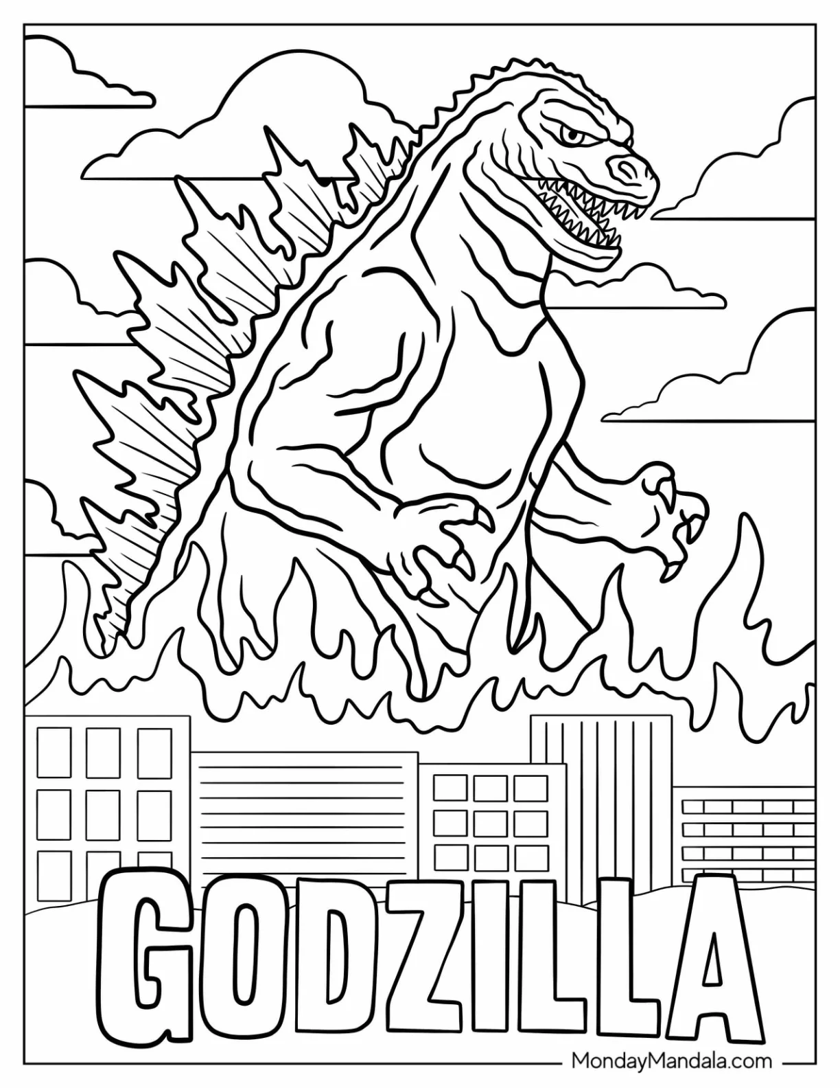 Terrifying Godzilla Coloring Page in a Burning City coloring page