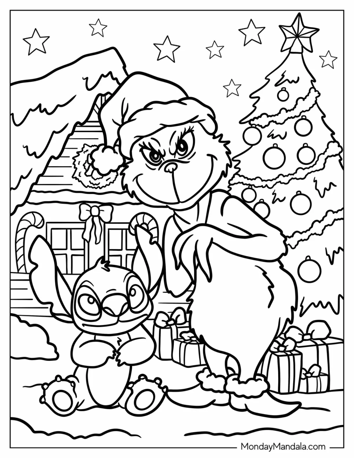 Chibi Grinch With Stitch On Christmas Coloring Page For Kids coloring page