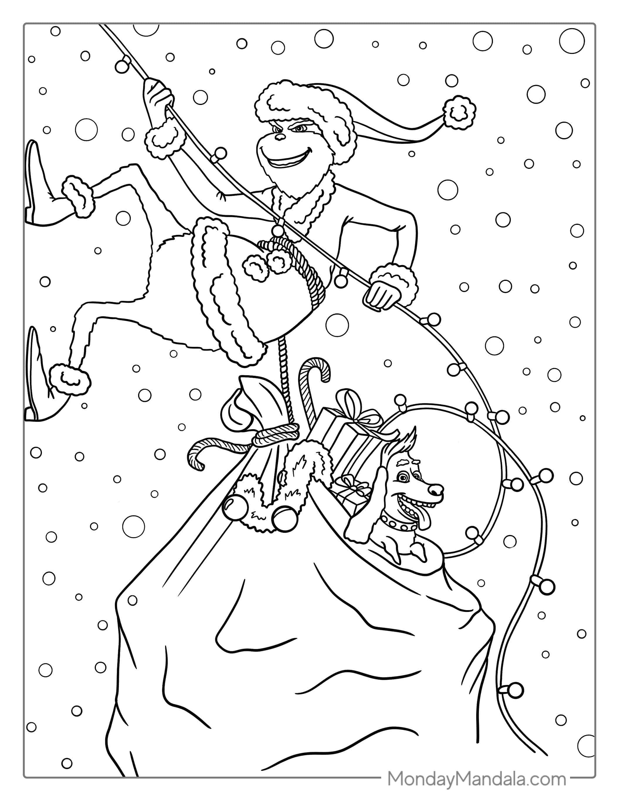 Coloring Sheet Of Sneaky Grinch With Max Scaling Building coloring page — printable line art